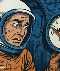 Illustration style bande dessinée vintage montrant un astronaute inquiet regardant une jauge de carburant marquée MARGE dans la zone rouge, symbolisant le risque financier.