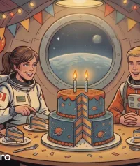 Illustration d'astronautes célébrant les 2 ans de Casserole.pro autour d'un gâteau d'anniversaire spatial