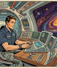 Astronaute vintage au bureau de contrôle utilisant un outil de gestion pour travailleur autonome au Québec