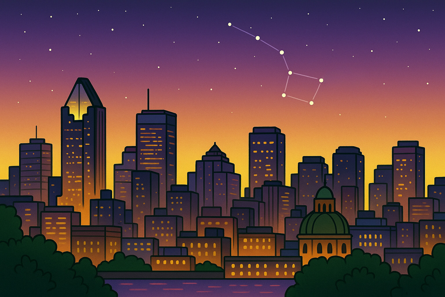 Illustration de la skyline de Montréal au crépuscule avec la constellation de la Grande Ourse dans le ciel
