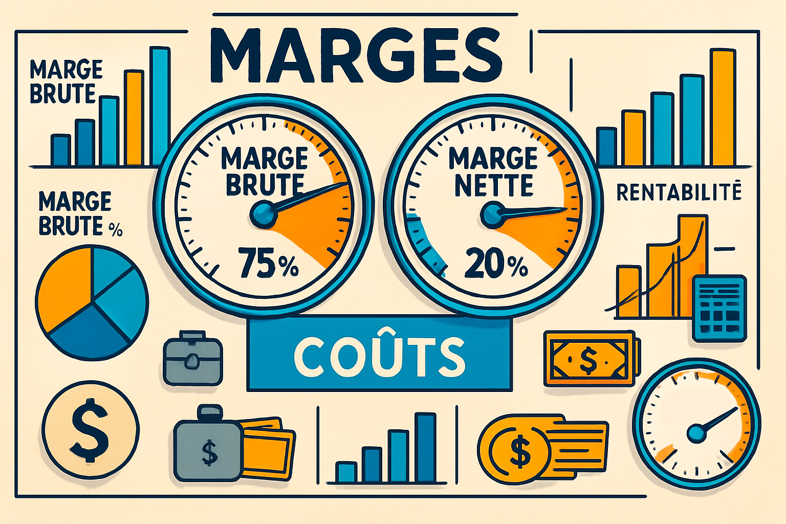 Indicateurs visuels des coûts, marges et rentabilité projet dans une infographie colorée