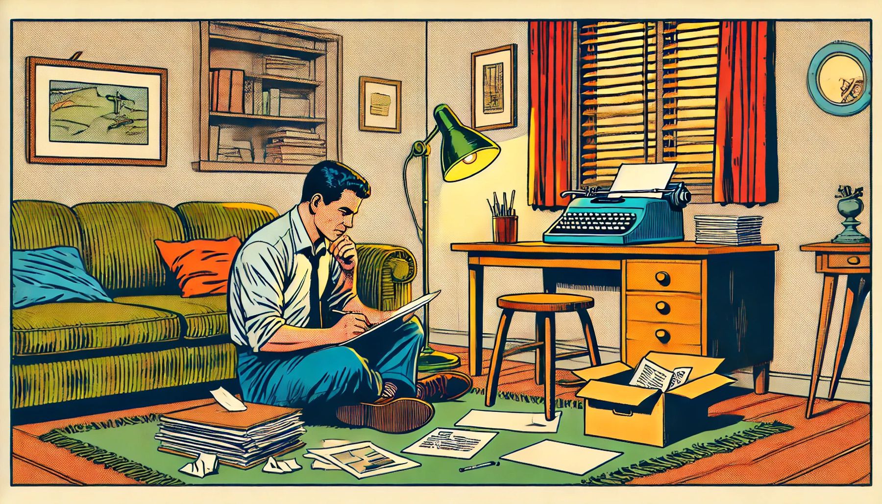 Illustration de Paul, graphiste, travaillant seul dans son salon avec des piles de papiers, symbolisant le début de son parcours entrepreneurial.