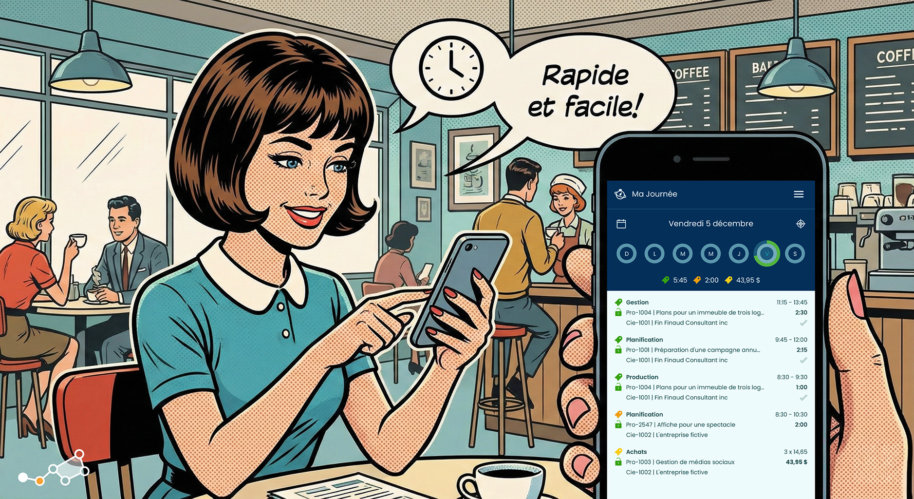 Femme travaillant dans un café consultant la rentabilité de ses projets sur l’application mobile Casserole.pro
