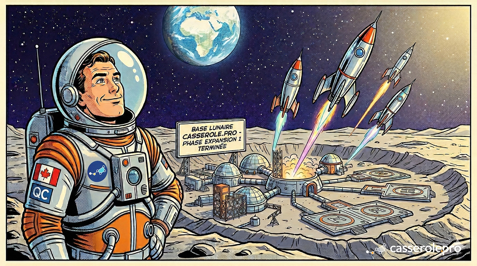 Base lunaire avec décollage de fusées représentant la croissance d’une entreprise grâce au logiciel de gestion Casserole.pro