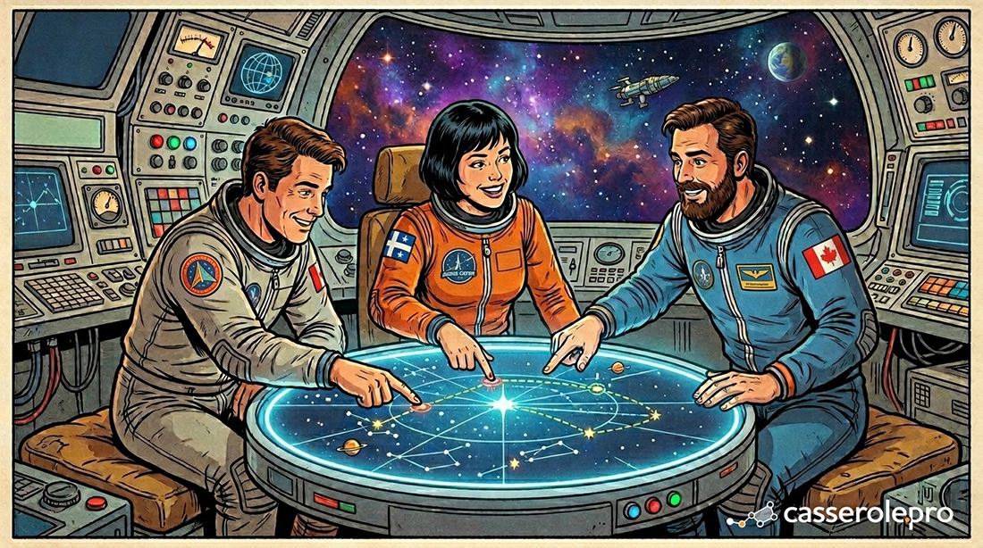 Trois astronautes en combinaison rétro collaborant autour d’une table lumineuse pour illustrer la gestion de projet en ligne