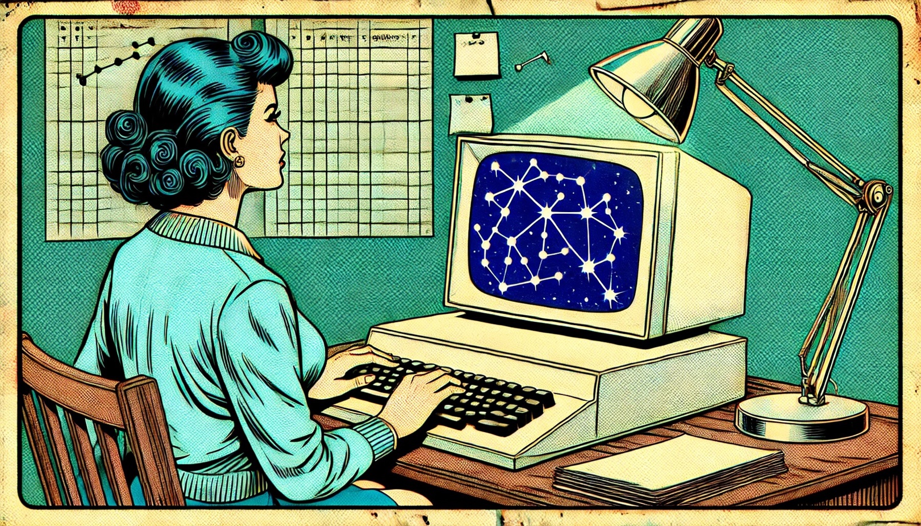 Femme travaillant sur un vieil ordinateur affichant une carte de constellations, symbolisant la recherche d’une solution organisée pour la gestion des temps.