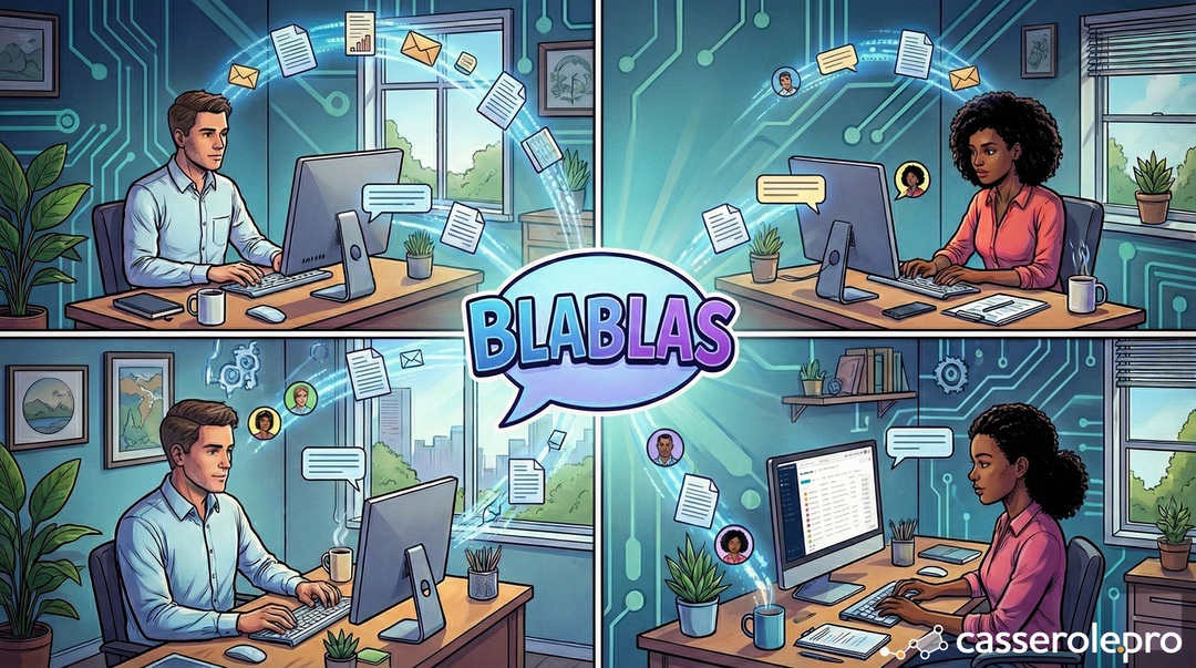 Quatre professionnels en télétravail connectés par un réseau d’échange d’informations visuel, illustrant la centralisation des communications dans l’outil de gestion.