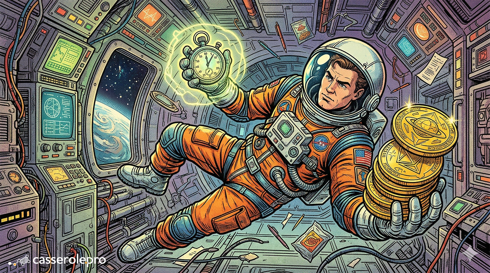 Astronaute en apesanteur avec chronomètre et pièces, symbolisant un logiciel de facturation et feuille de temps pour solopreneur