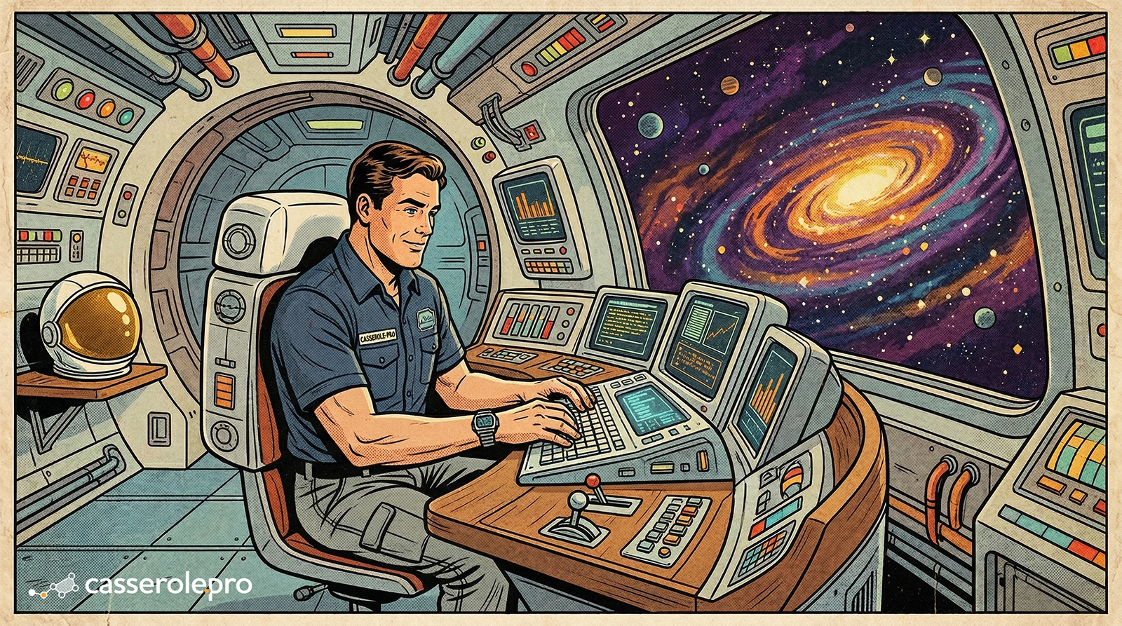 Astronaute vintage au bureau de contrôle utilisant un outil de gestion pour travailleur autonome au Québec