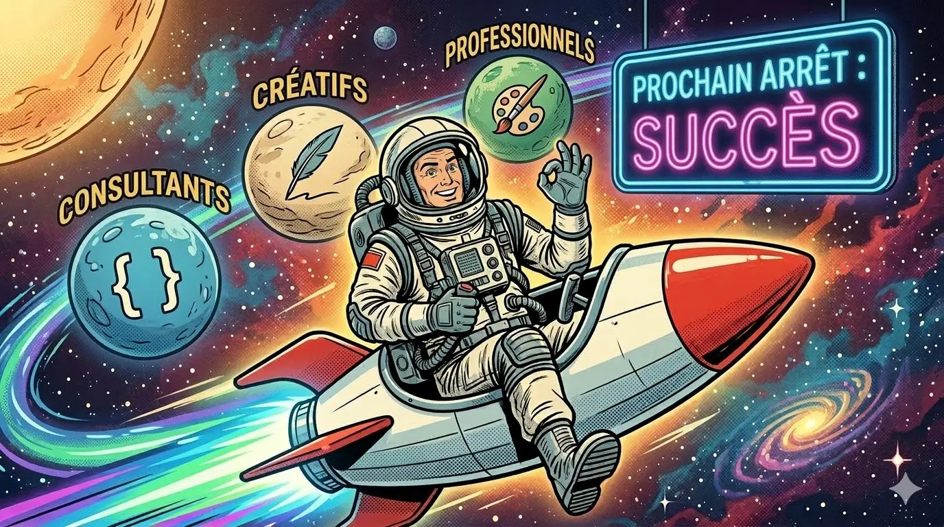 Astronaute souriant pilotant une fusée vers le succès, représentant la réussite des consultants, créatifs et professionnels québécois grâce à un bon outil de gestion.